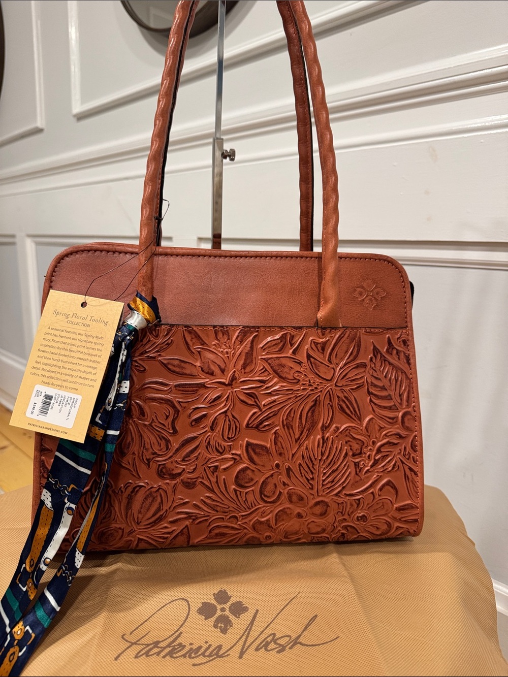 Patricia Nash Bag Large Paris Spring Floral Tooled Embossed Brown Leather Tote - Picture 5 of 17